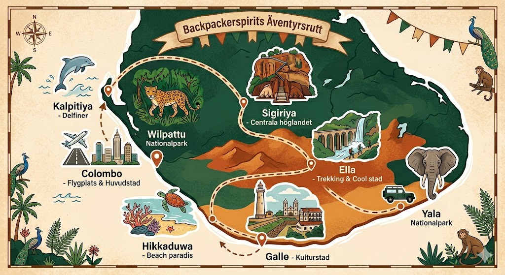 Interaktiv karta över Sri Lanka med Backpackerspirits äventyrsrutt